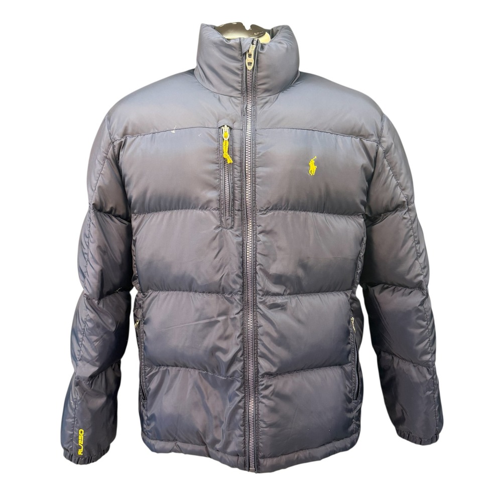 POLO Ralph Lauren Down Puffer Jacket‎ Black Yellow Logo Full Zip Mens XL
